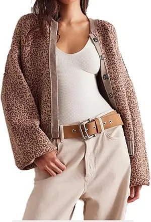 Leopard Print Cardigan Sweaters for Women Cheetah Long Sleeve Crew Neck Knit Top Open Front Button Up Cropped Jacket