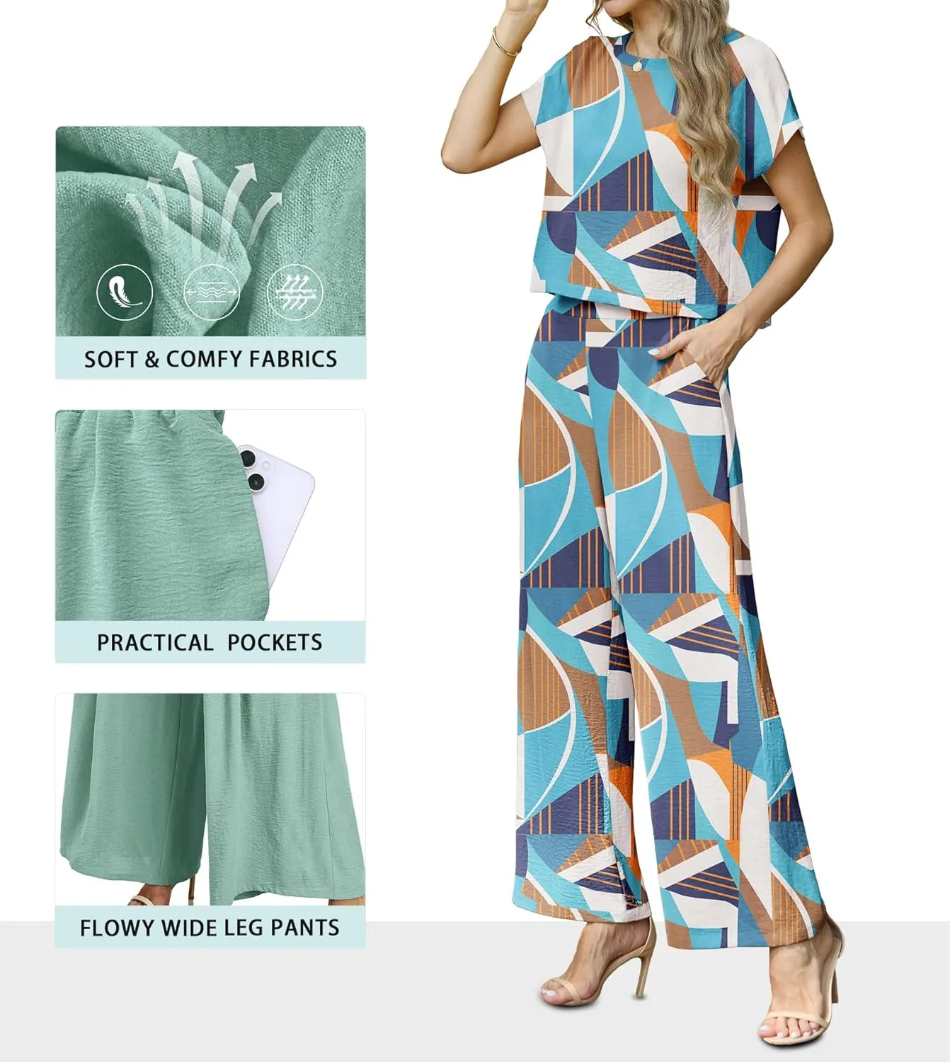 Lepunuo 2 Piece Sets for Women Summer Cap Sleeve Crop Top Wide Leg Pants Matching Lounge Set Vacation Beach Travel Outfits