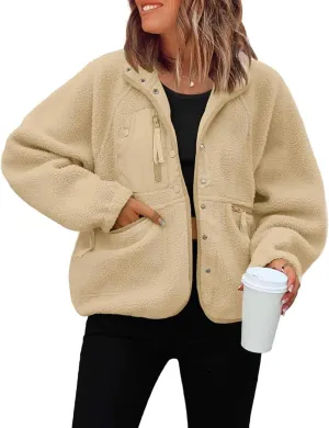 Lightweight Cropped Fuzzy Fleece Jacket for Women Winter Warm Sherpa Jackets Coat Outerwear with Pockets