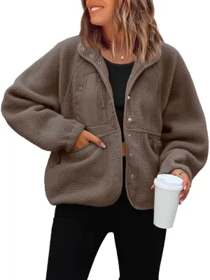 Lightweight Cropped Fuzzy Fleece Jacket for Women Winter Warm Sherpa Jackets Coat Outerwear with Pockets