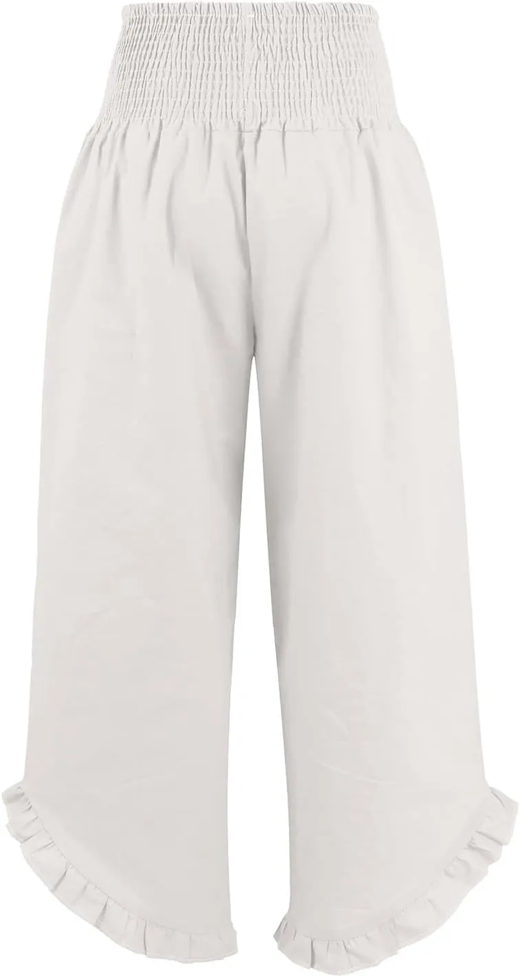 Linen Palazzo Pants for Women Smocked Waist Boho Wide Leg Trousers Baggy Ruffle Vacation Beach Pants with Pockets