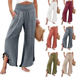 Linen Palazzo Pants for Women Smocked Waist Boho Wide Leg Trousers Baggy Ruffle Vacation Beach Pants with Pockets