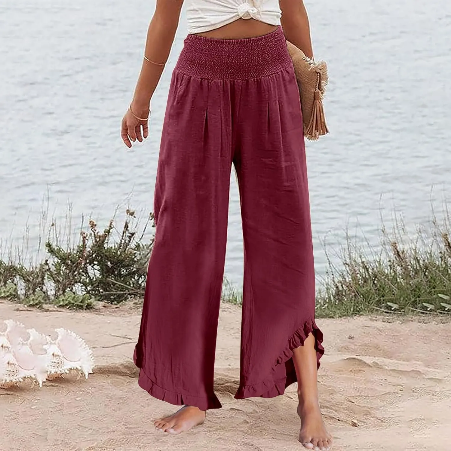Linen Palazzo Pants for Women Smocked Waist Boho Wide Leg Trousers Baggy Ruffle Vacation Beach Pants with Pockets