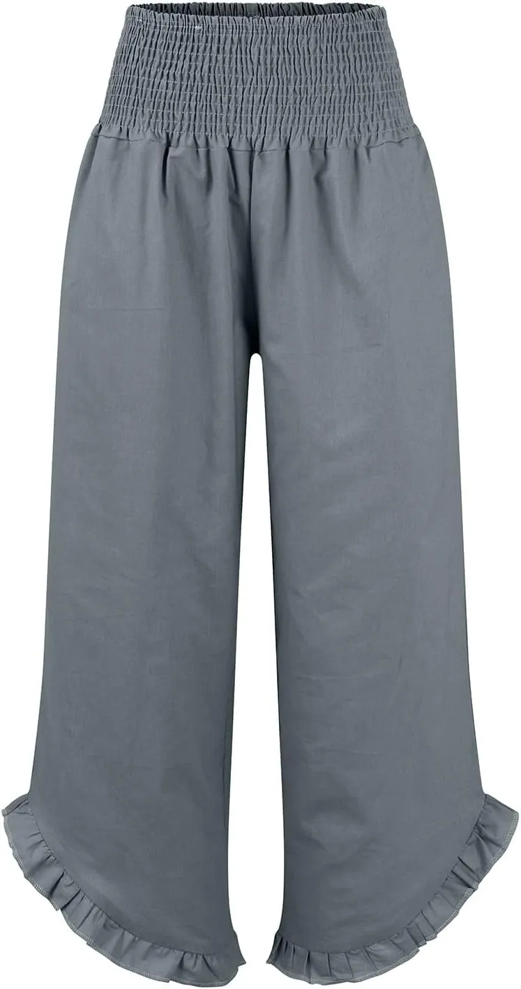 Linen Palazzo Pants for Women Smocked Waist Boho Wide Leg Trousers Baggy Ruffle Vacation Beach Pants with Pockets
