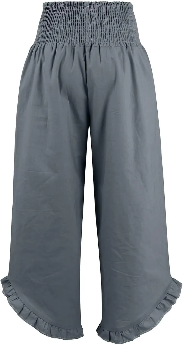 Linen Palazzo Pants for Women Smocked Waist Boho Wide Leg Trousers Baggy Ruffle Vacation Beach Pants with Pockets