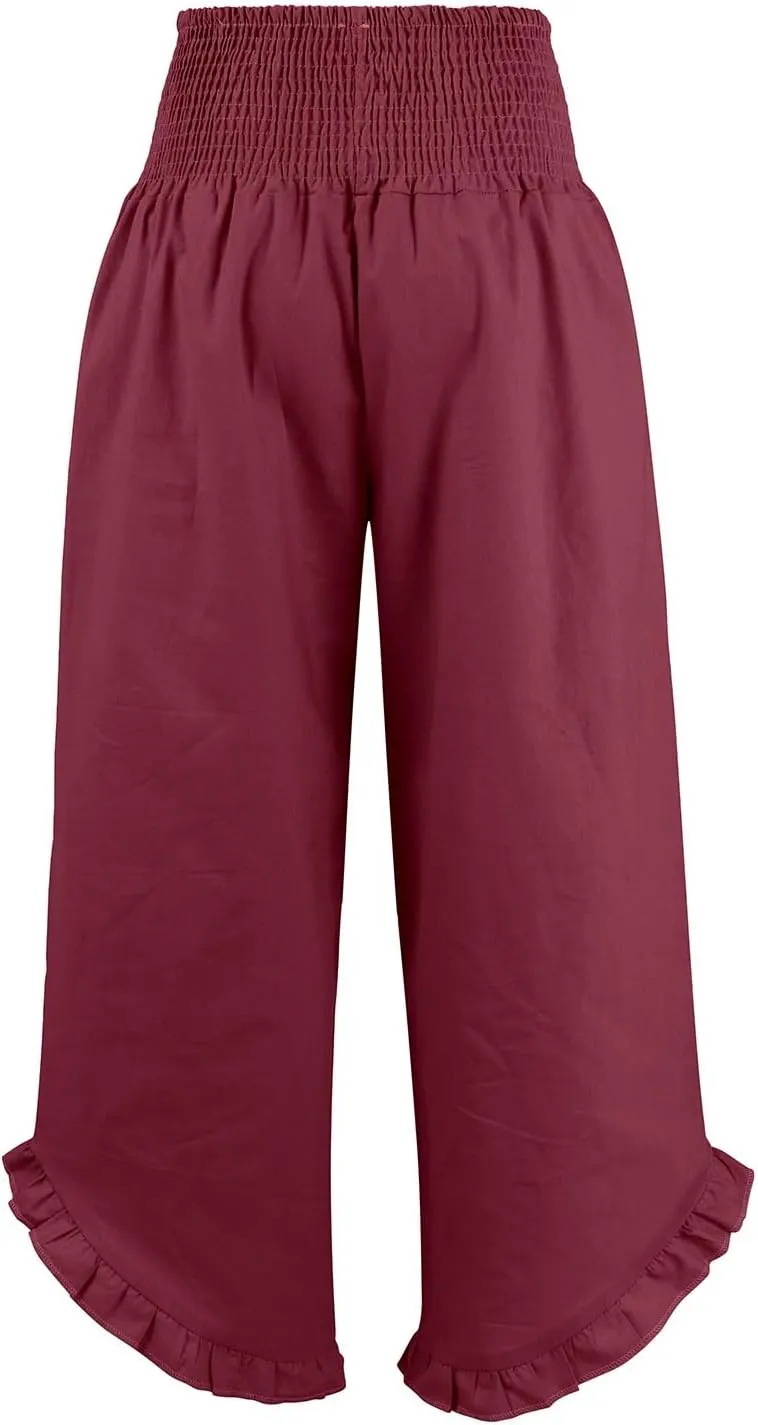 Linen Palazzo Pants for Women Smocked Waist Boho Wide Leg Trousers Baggy Ruffle Vacation Beach Pants with Pockets