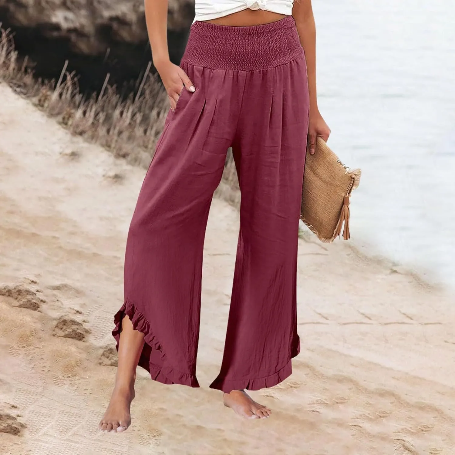 Linen Palazzo Pants for Women Smocked Waist Boho Wide Leg Trousers Baggy Ruffle Vacation Beach Pants with Pockets