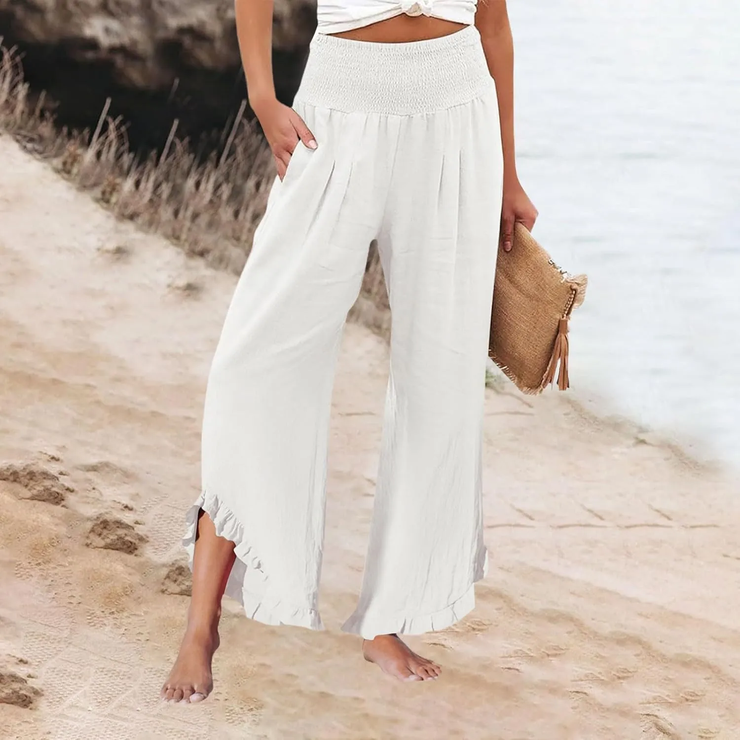 Linen Palazzo Pants for Women Smocked Waist Boho Wide Leg Trousers Baggy Ruffle Vacation Beach Pants with Pockets