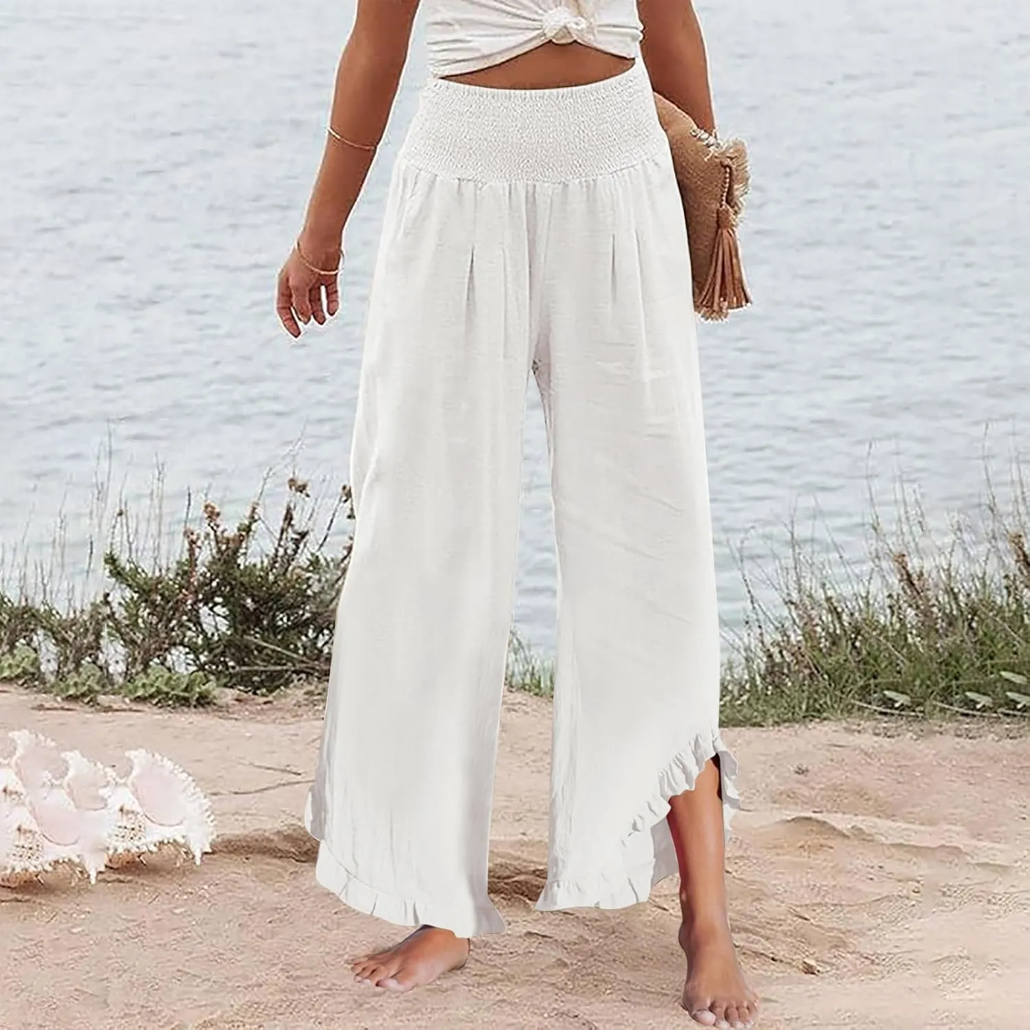 Linen Palazzo Pants for Women Smocked Waist Boho Wide Leg Trousers Baggy Ruffle Vacation Beach Pants with Pockets