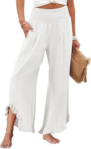 Linen Palazzo Pants for Women Smocked Waist Boho Wide Leg Trousers Baggy Ruffle Vacation Beach Pants with Pockets