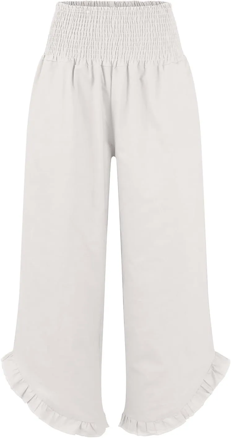 Linen Palazzo Pants for Women Smocked Waist Boho Wide Leg Trousers Baggy Ruffle Vacation Beach Pants with Pockets