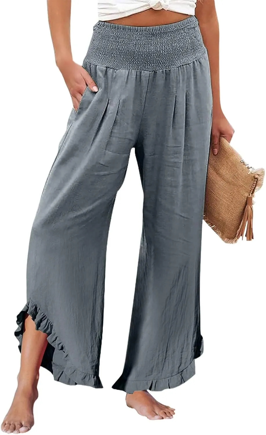 Linen Palazzo Pants for Women Smocked Waist Boho Wide Leg Trousers Baggy Ruffle Vacation Beach Pants with Pockets