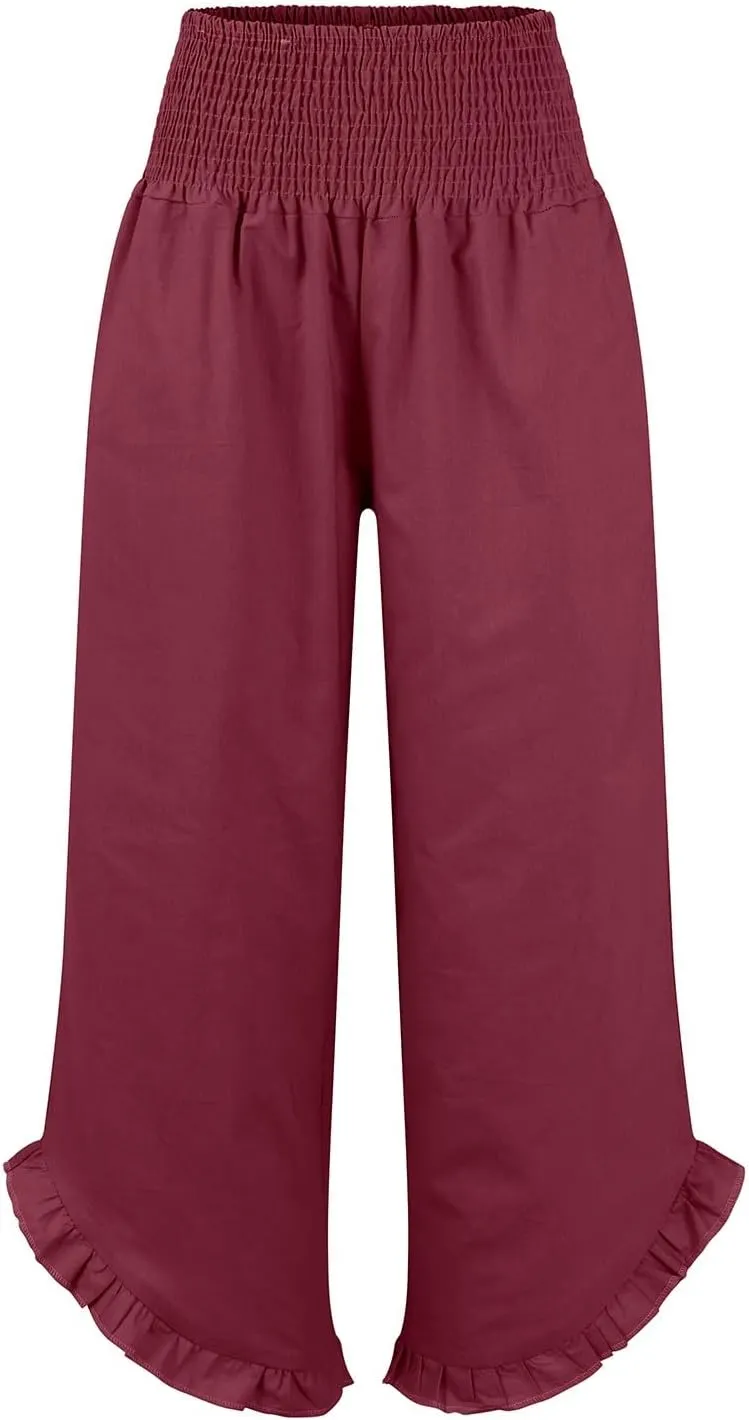 Linen Palazzo Pants for Women Smocked Waist Boho Wide Leg Trousers Baggy Ruffle Vacation Beach Pants with Pockets
