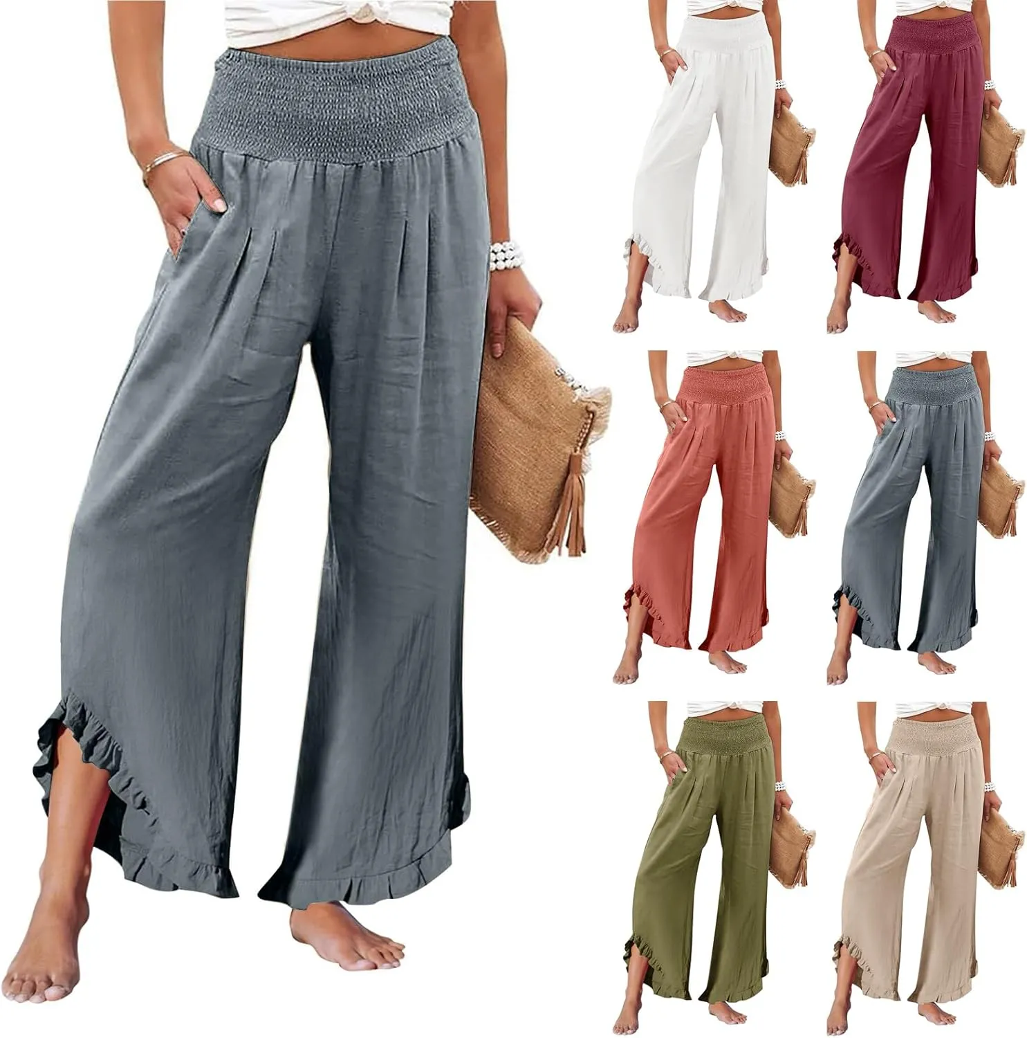 Linen Palazzo Pants for Women Smocked Waist Boho Wide Leg Trousers Baggy Ruffle Vacation Beach Pants with Pockets