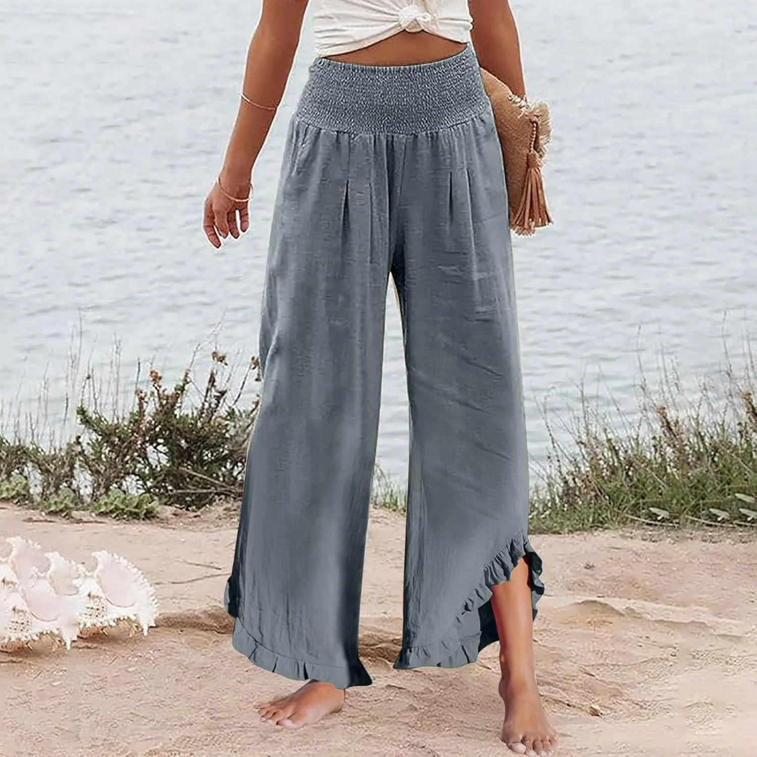 Linen Palazzo Pants for Women Smocked Waist Boho Wide Leg Trousers Baggy Ruffle Vacation Beach Pants with Pockets