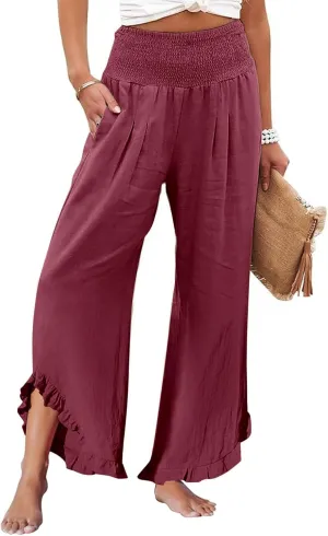 Linen Palazzo Pants for Women Smocked Waist Boho Wide Leg Trousers Baggy Ruffle Vacation Beach Pants with Pockets