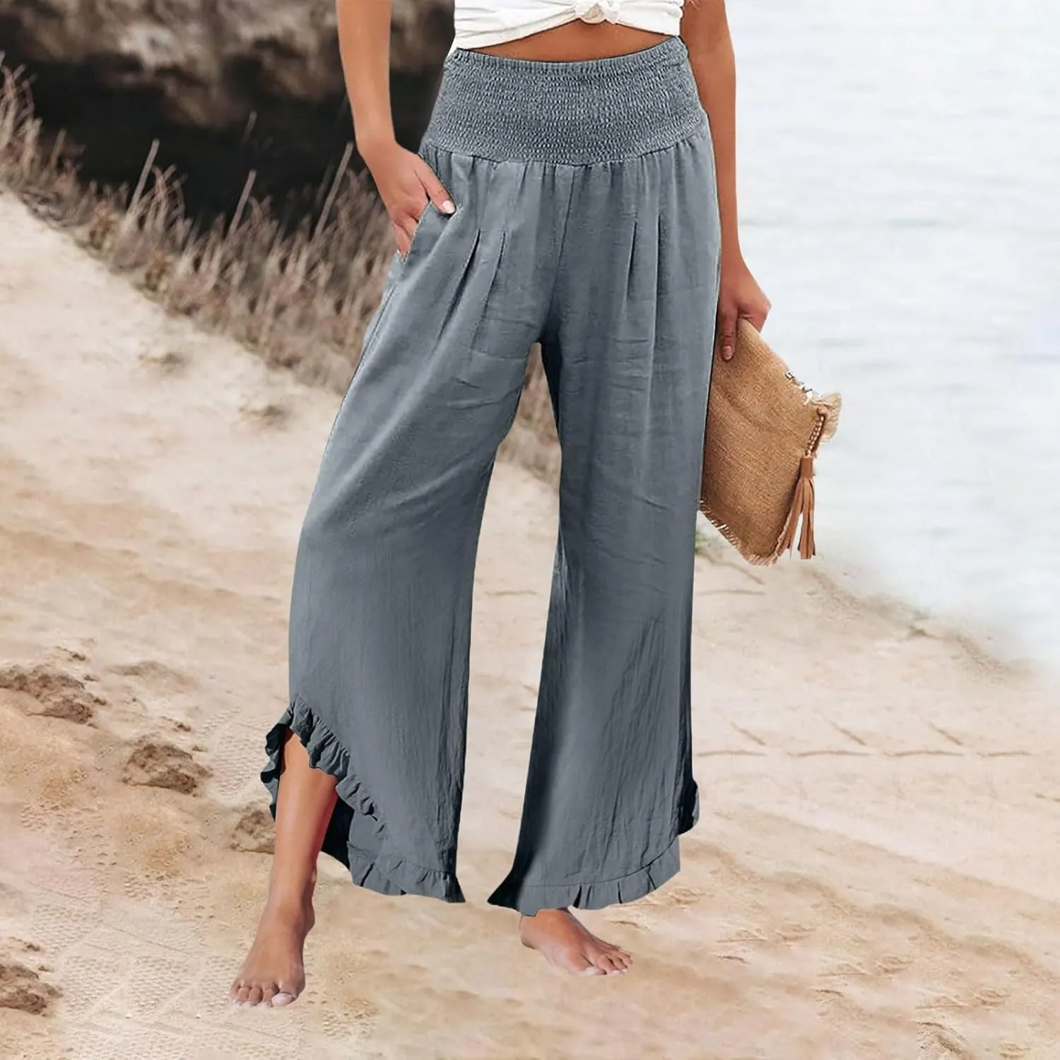 Linen Palazzo Pants for Women Smocked Waist Boho Wide Leg Trousers Baggy Ruffle Vacation Beach Pants with Pockets