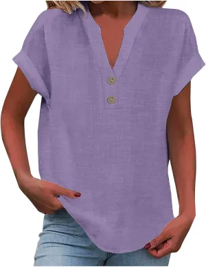 Linen Shirts for Women V Neck Button Down Blouse Short Sleeve Office Work Tops Vintage Vacation Tees Shirt Blouse Tops