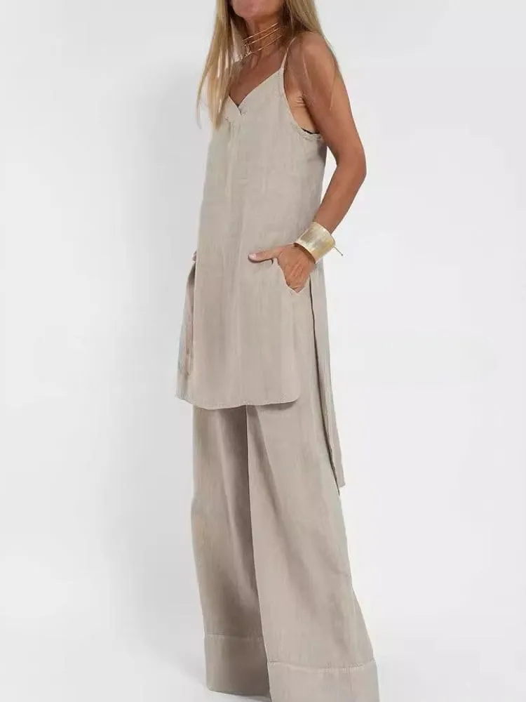 LOAIHA Womens 2 Piece Outfit Set Spaghetti Strap V Neck Cami Top with Wide Leg Pants Casual Pajama Sets