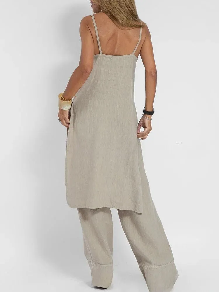 LOAIHA Womens 2 Piece Outfit Set Spaghetti Strap V Neck Cami Top with Wide Leg Pants Casual Pajama Sets