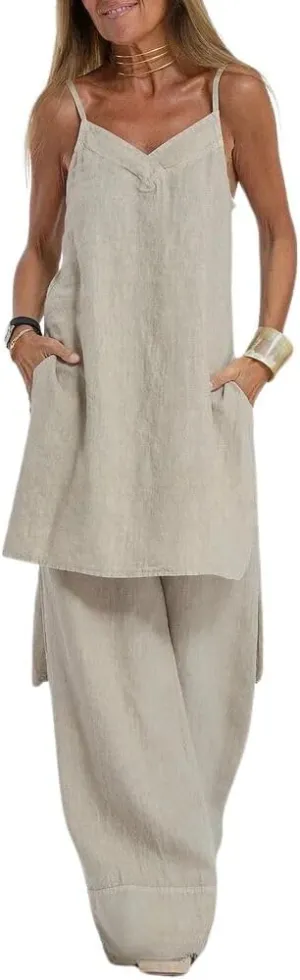 LOAIHA Womens 2 Piece Outfit Set Spaghetti Strap V Neck Cami Top with Wide Leg Pants Casual Pajama Sets