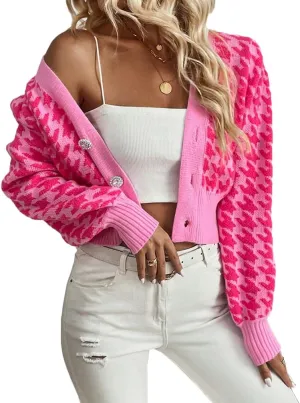 LOFAAC Women Oversized Houndstooth Button Down Cropped Cardigan Elegant Long Sleeve V Neck Chunky Knit Sweater Outerwear