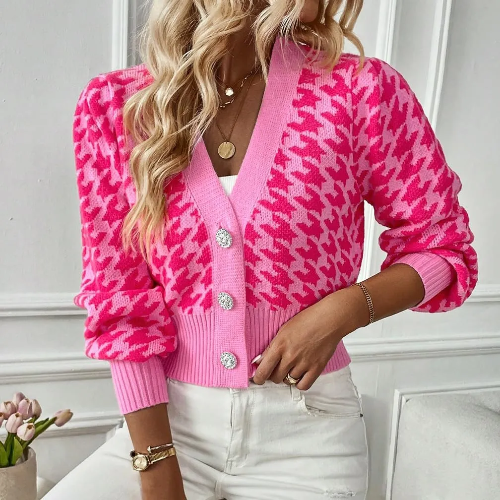 LOFAAC Women Oversized Houndstooth Button Down Cropped Cardigan Elegant Long Sleeve V Neck Chunky Knit Sweater Outerwear