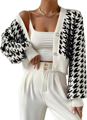 LOFAAC Women Oversized Houndstooth Button Down Cropped Cardigan Elegant Long Sleeve V Neck Chunky Knit Sweater Outerwear