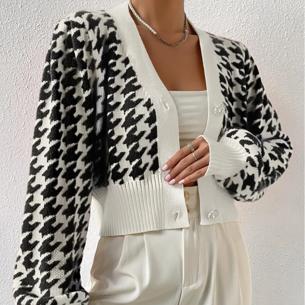 LOFAAC Women Oversized Houndstooth Button Down Cropped Cardigan Elegant Long Sleeve V Neck Chunky Knit Sweater Outerwear
