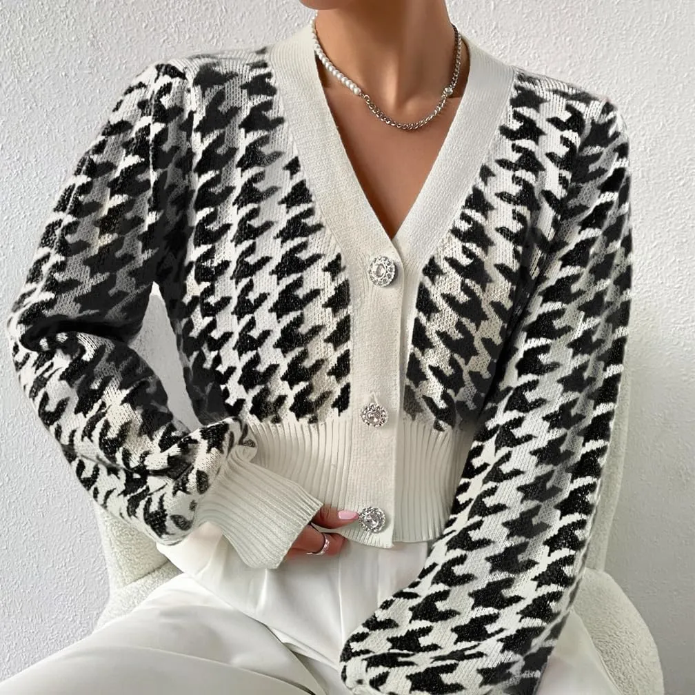 LOFAAC Women Oversized Houndstooth Button Down Cropped Cardigan Elegant Long Sleeve V Neck Chunky Knit Sweater Outerwear