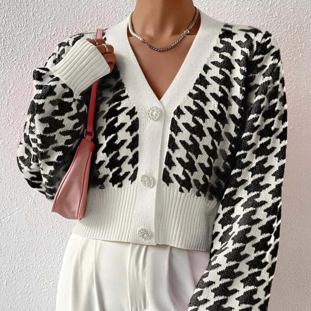 LOFAAC Women Oversized Houndstooth Button Down Cropped Cardigan Elegant Long Sleeve V Neck Chunky Knit Sweater Outerwear