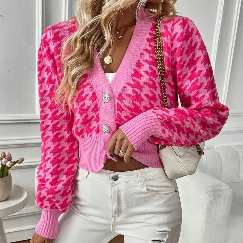 LOFAAC Women Oversized Houndstooth Button Down Cropped Cardigan Elegant Long Sleeve V Neck Chunky Knit Sweater Outerwear