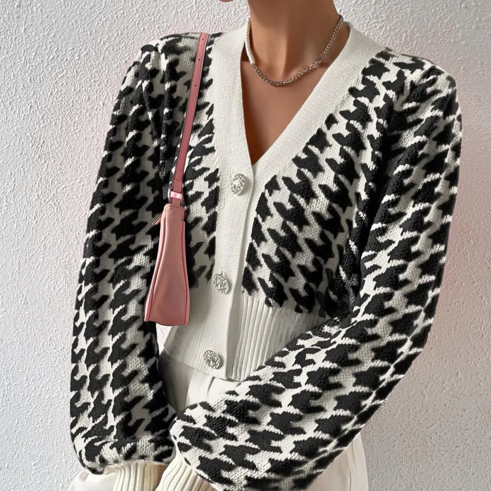 LOFAAC Women Oversized Houndstooth Button Down Cropped Cardigan Elegant Long Sleeve V Neck Chunky Knit Sweater Outerwear