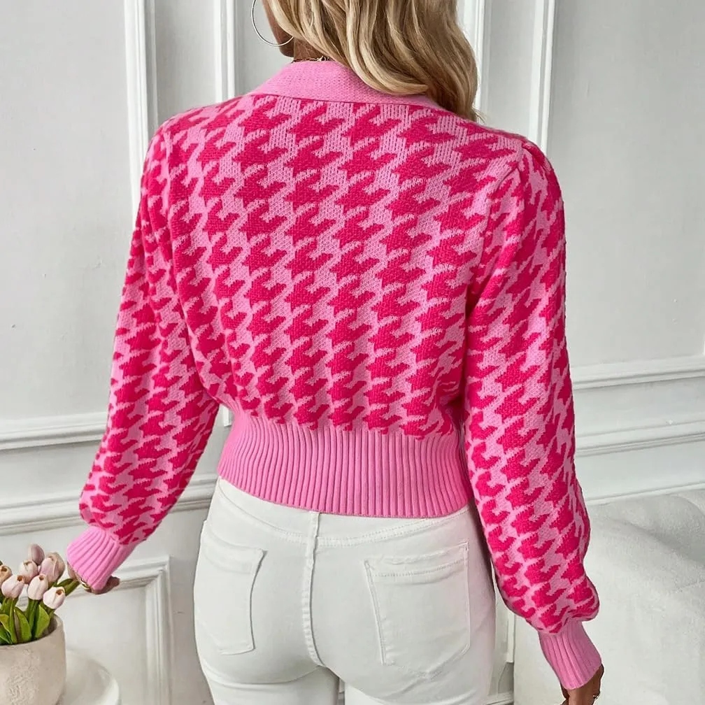 LOFAAC Women Oversized Houndstooth Button Down Cropped Cardigan Elegant Long Sleeve V Neck Chunky Knit Sweater Outerwear