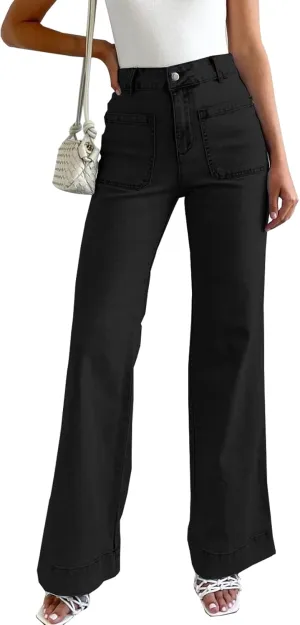 LOLONG Jeans for Women 2024 High Waisted Flare Casual Wide Leg Denim Pants Baggy with Patch Pockets