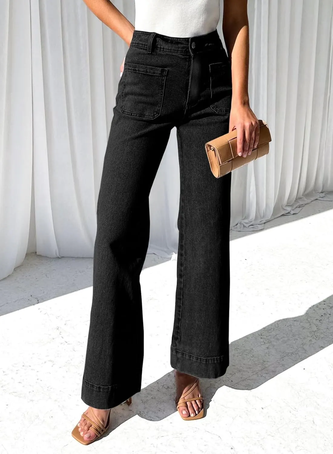 LOLONG Jeans for Women 2024 High Waisted Flare Casual Wide Leg Denim Pants Baggy with Patch Pockets