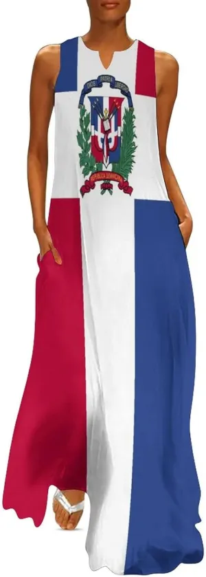 Long Dress Dress for Womens Summer Top Dominican Flag Casual V Neck Shift Dress L