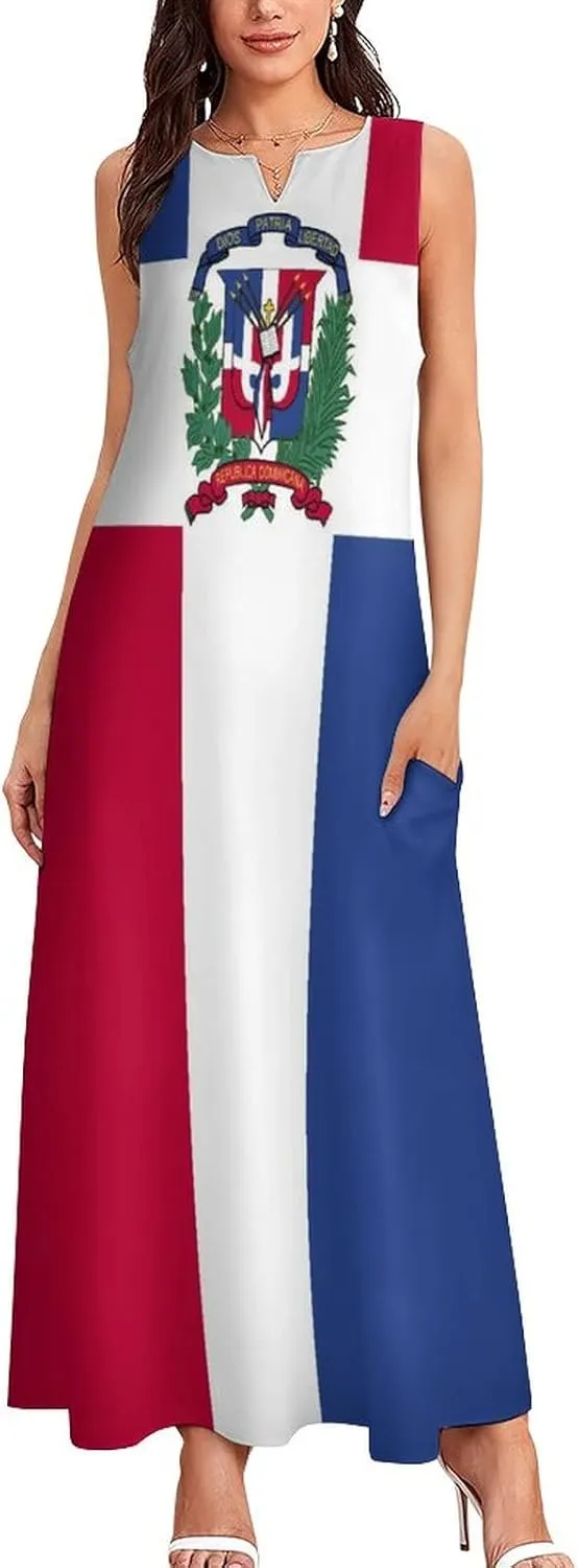 Long Dress Dress for Womens Summer Top Dominican Flag Casual V Neck Shift Dress L