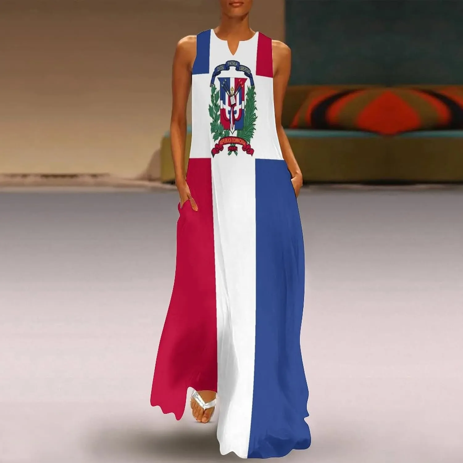 Long Dress Dress for Womens Summer Top Dominican Flag Casual V Neck Shift Dress L