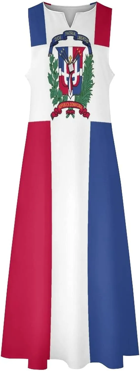 Long Dress Dress for Womens Summer Top Dominican Flag Casual V Neck Shift Dress L
