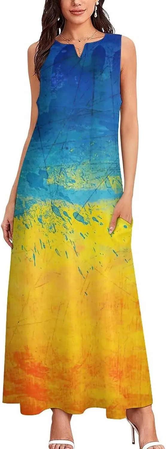 Long Dress Skirts for Womens Summer Top Ukraine Flag Casual V Neck Shift Dress 4XL