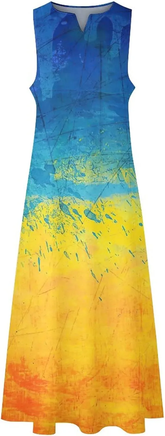 Long Dress Skirts for Womens Summer Top Ukraine Flag Casual V Neck Shift Dress 4XL