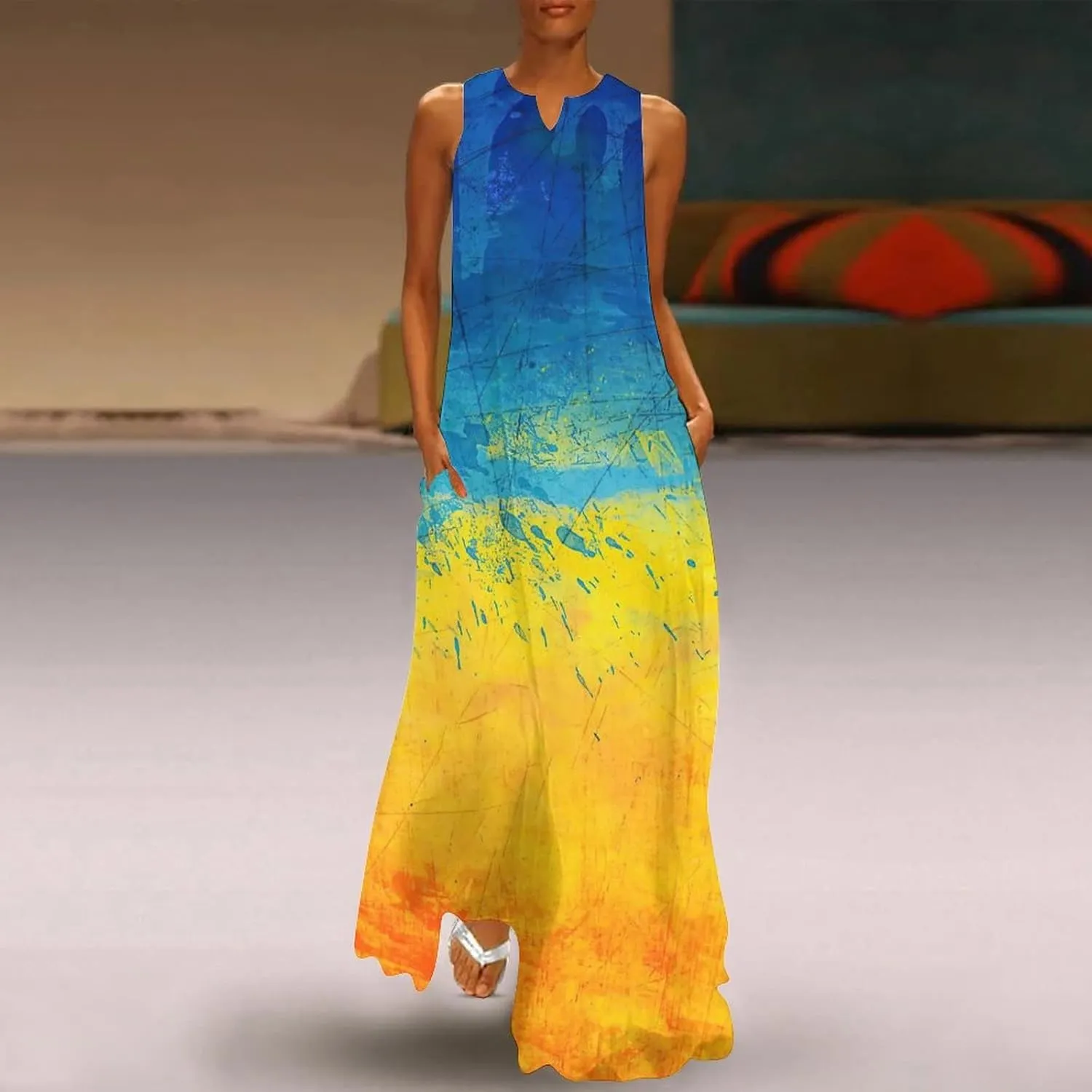 Long Dress Skirts for Womens Summer Top Ukraine Flag Casual V Neck Shift Dress 4XL