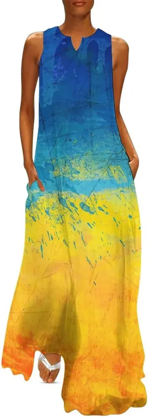Long Dress Skirts for Womens Summer Top Ukraine Flag Casual V Neck Shift Dress 4XL