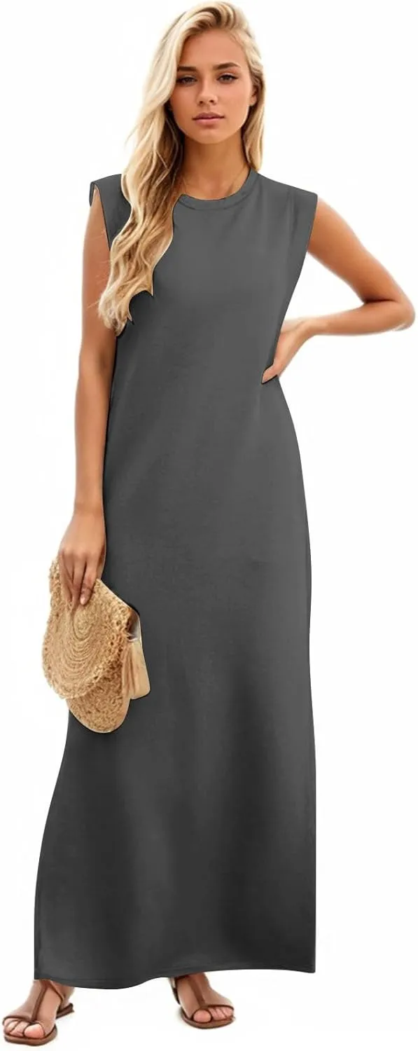 Long Maxi Dresses for Women Summer Casual Dress Crewneck Sleeveless Sundress Loose Fit Split Beach Dress with Pocket