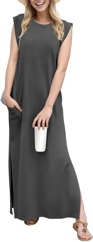 Long Maxi Dresses for Women Summer Casual Dress Crewneck Sleeveless Sundress Loose Fit Split Beach Dress with Pocket