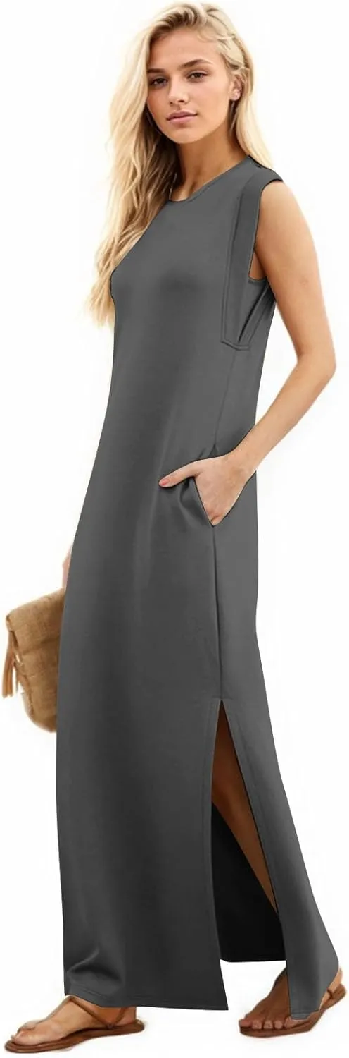 Long Maxi Dresses for Women Summer Casual Dress Crewneck Sleeveless Sundress Loose Fit Split Beach Dress with Pocket