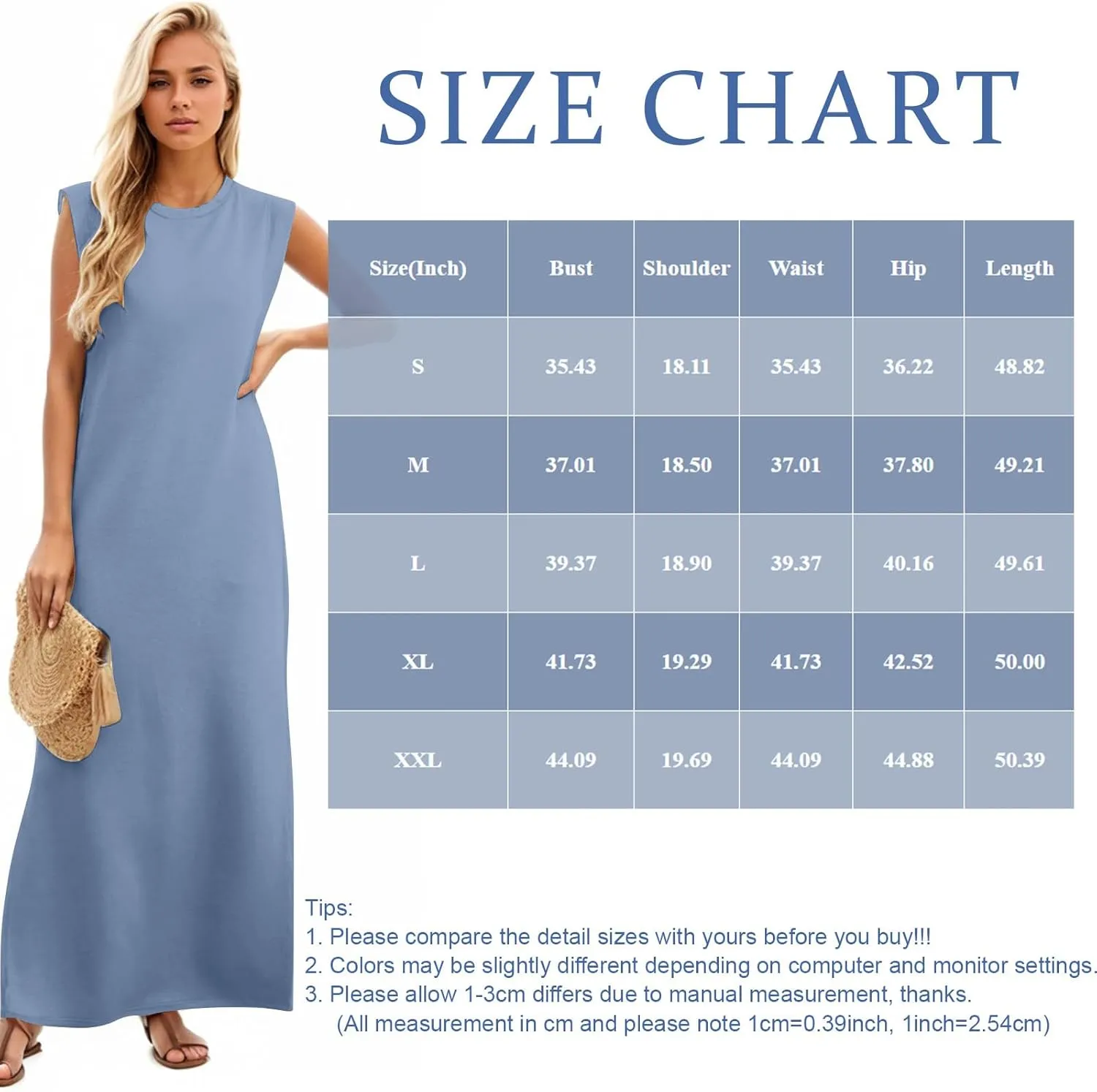Long Maxi Dresses for Women Summer Casual Dress Crewneck Sleeveless Sundress Loose Fit Split Beach Dress with Pocket