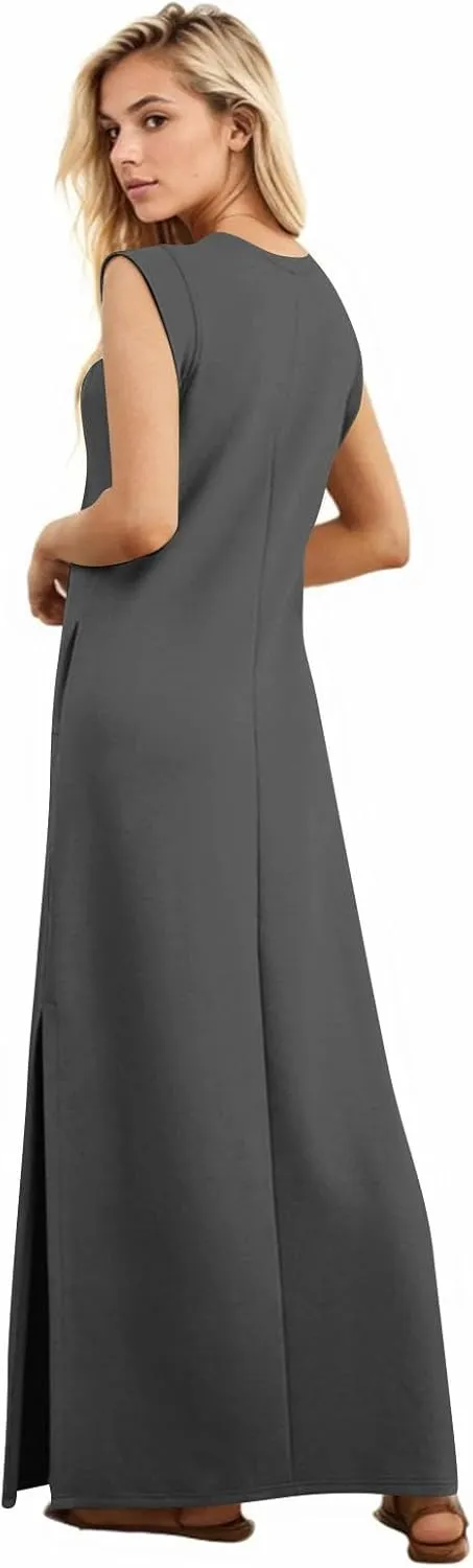 Long Maxi Dresses for Women Summer Casual Dress Crewneck Sleeveless Sundress Loose Fit Split Beach Dress with Pocket