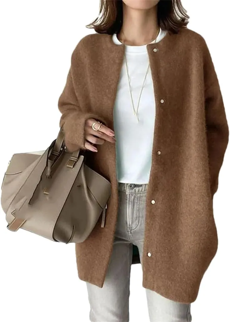 Loose Women Cardigan Autumn Winter Fashion Vintage Long Sleeve O Neck Sweater Casual Solid Knitted Cardigan